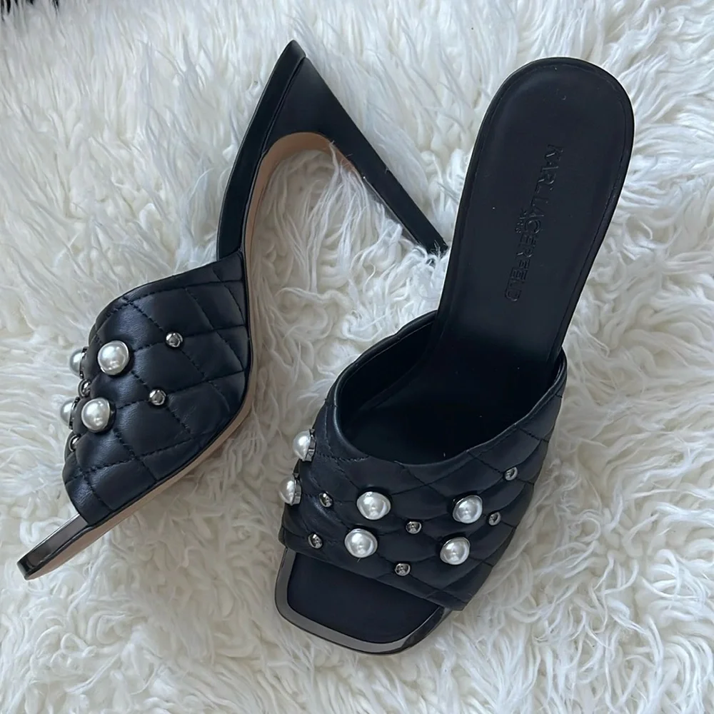 NEW Karl Lagerfeld - Black Amina Studded Heeled Mule - Picture 1 of 11